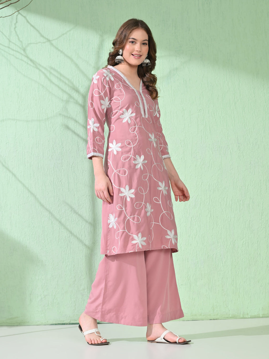 Myshka Women's Embroidered Calf Length Pink Kurta With Palazzo