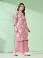 Myshka Women's Embroidered Calf Length Pink Kurta With Palazzo