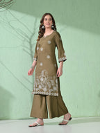 Myshka Women's Embroidered Calf Length Olive Kurta With Palazzo