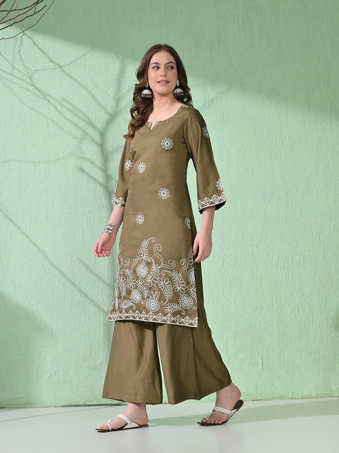Myshka Women's Embroidered Calf Length Olive Kurta With Palazzo