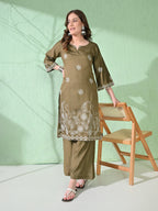 Myshka Women's Embroidered Calf Length Olive Kurta With Palazzo