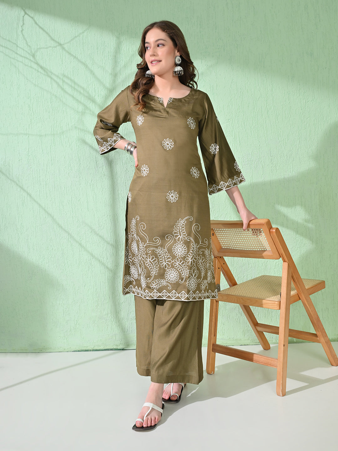 Myshka Women's Embroidered Calf Length Olive Kurta With Palazzo