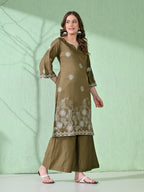 Myshka Women's Embroidered Calf Length Olive Kurta With Palazzo