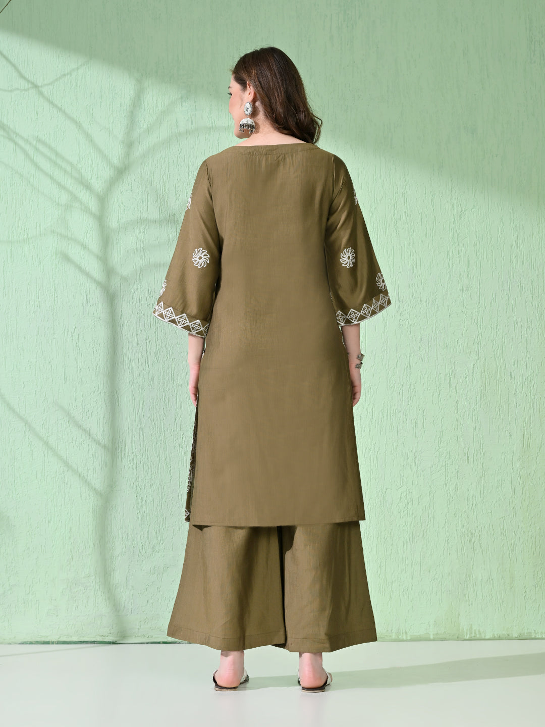 Myshka Women's Embroidered Calf Length Olive Kurta With Palazzo