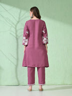 Myshka Women's Embroidered Calf Length Mauve Kurta With Palazzo