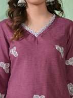 Myshka Women's Embroidered Calf Length Mauve Kurta With Palazzo