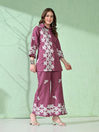 Myshka Women's Floral Embroidered Pink Tunic with Trouser