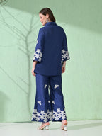 Myshka Women's Floral Embroidered Navy Tunic with Trouser