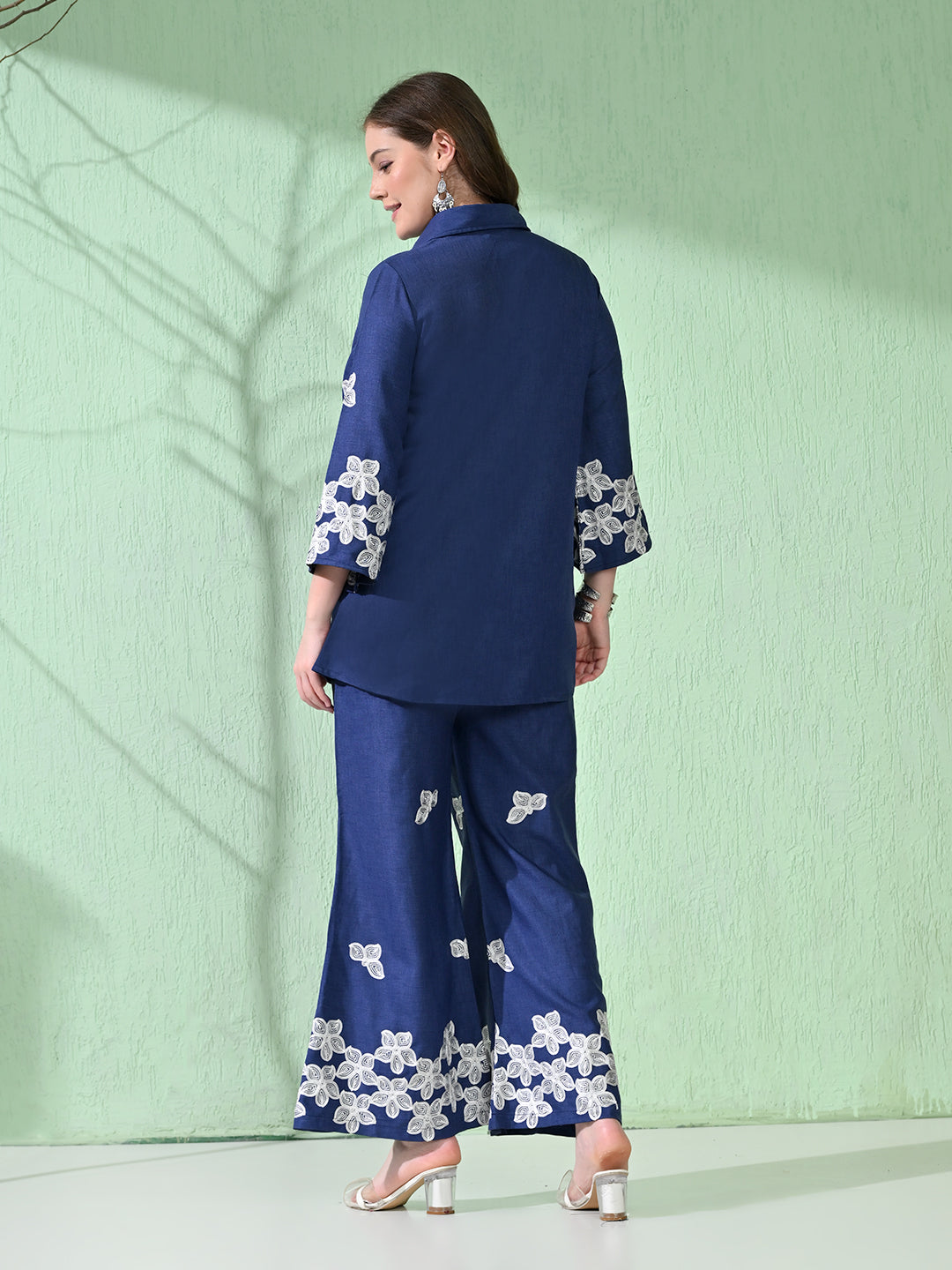 Myshka Women's Floral Embroidered Navy Tunic with Trouser
