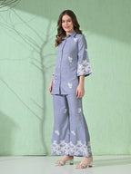 Myshka Women's Floral Embroidered SkyBlue Tunic with Trouser