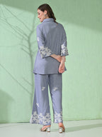 Myshka Women's Floral Embroidered SkyBlue Tunic with Trouser