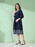 Myshka Women's Flared Knee Length Embroidered Navy Dress - Distacart