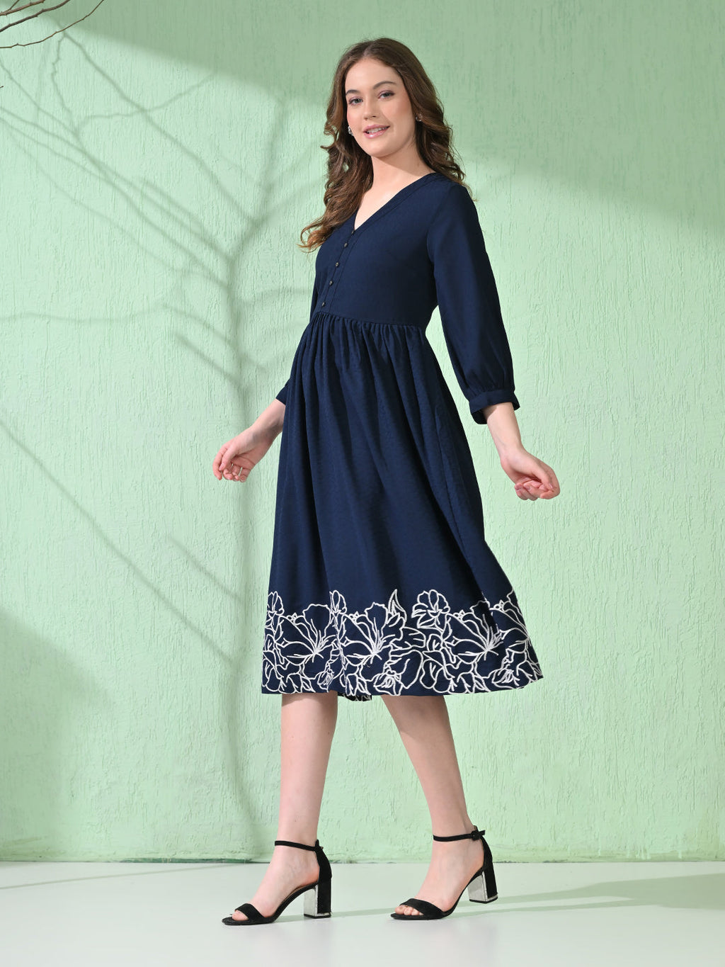 Myshka Women's Flared Knee Length Embroidered Navy Dress - Distacart