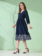 Myshka Women's Flared Knee Length Embroidered Navy Dress - Distacart