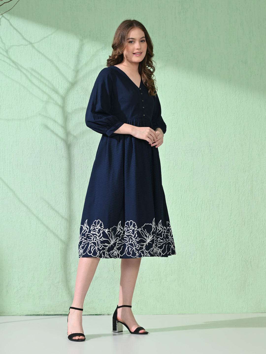 Myshka Women's Flared Knee Length Embroidered Navy Dress - Distacart