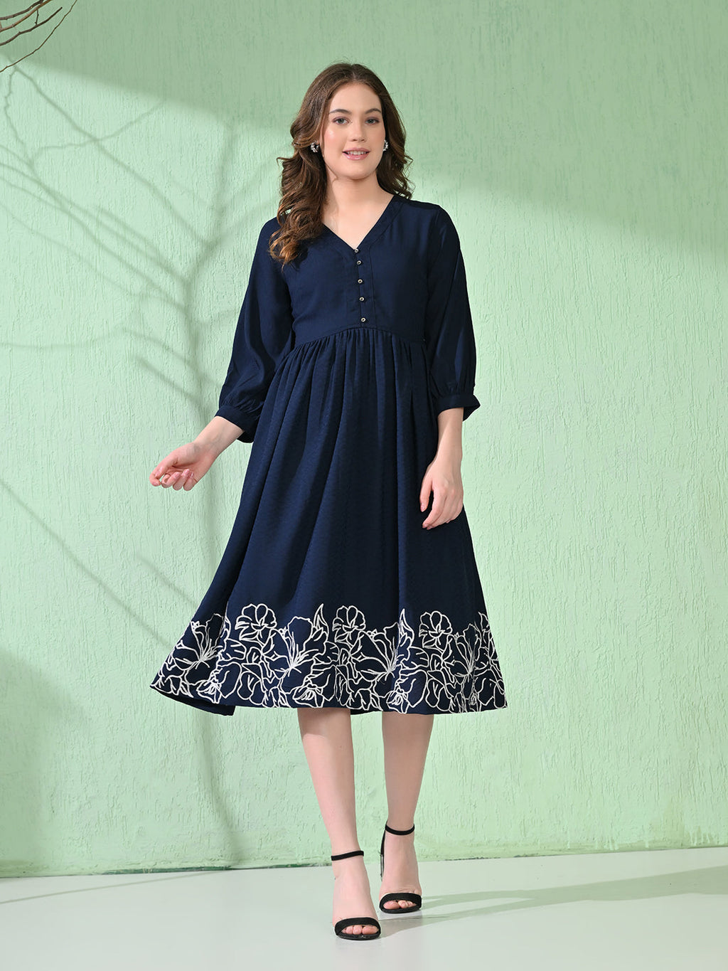 Myshka Women's Flared Knee Length Embroidered Navy Dress - Distacart