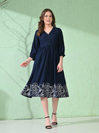 Myshka Women's Flared Knee Length Embroidered Navy Dress - Distacart