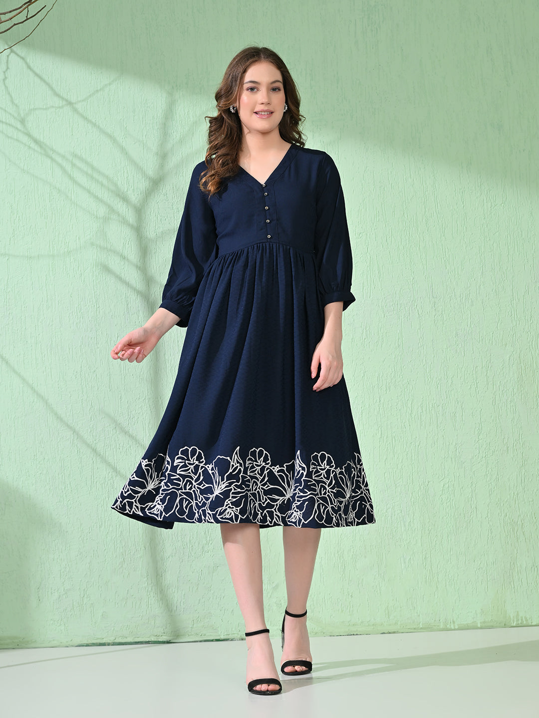 Myshka Women's Flared Knee Length Embroidered Navy Dress - Distacart