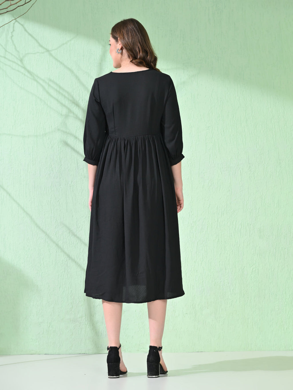 Myshka Women's Flared Knee Length Embroidered Black Dress - Distacart