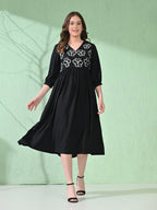 Myshka Women's Flared Knee Length Embroidered Black Dress - Distacart