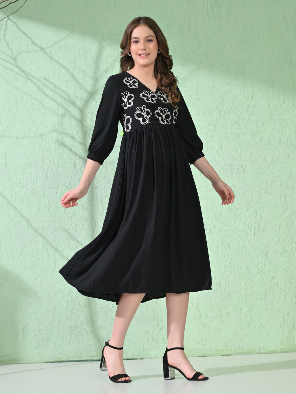 Myshka Women's Flared Knee Length Embroidered Black Dress - Distacart