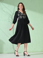 Myshka Women's Flared Knee Length Embroidered Black Dress - Distacart