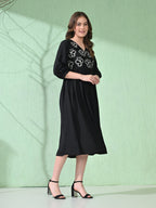 Myshka Women's Flared Knee Length Embroidered Black Dress - Distacart