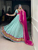 Lorenvalley Seagreen Pure Rayon Embossed Design Lace Touch Up Lehenga Choli with Dupatta