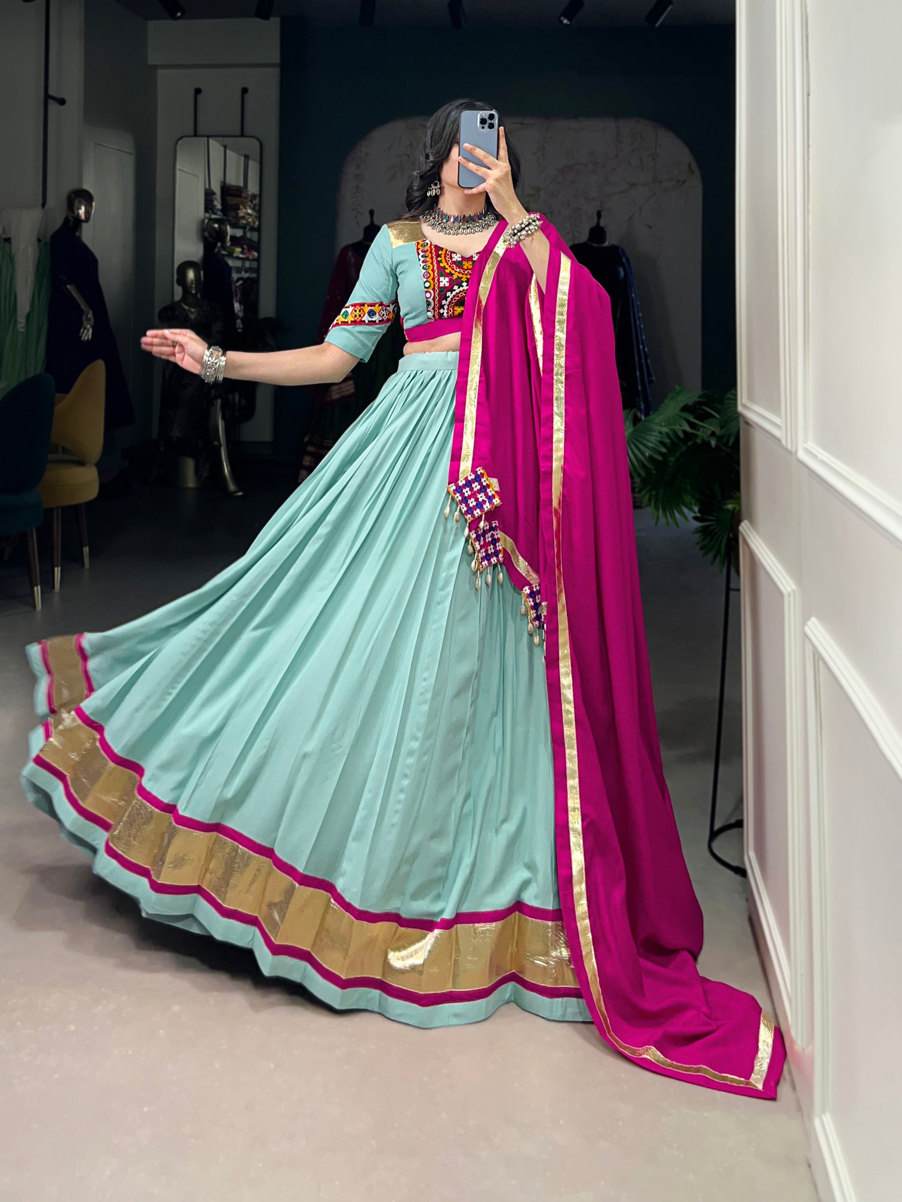 Lorenvalley Seagreen Pure Rayon Embossed Design Lace Touch Up Lehenga Choli with Dupatta