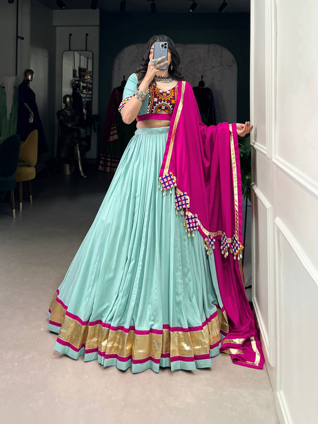 Lorenvalley Seagreen Pure Rayon Embossed Design Lace Touch Up Lehenga Choli with Dupatta