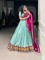 Lorenvalley Seagreen Pure Rayon Embossed Design Lace Touch Up Lehenga Choli with Dupatta