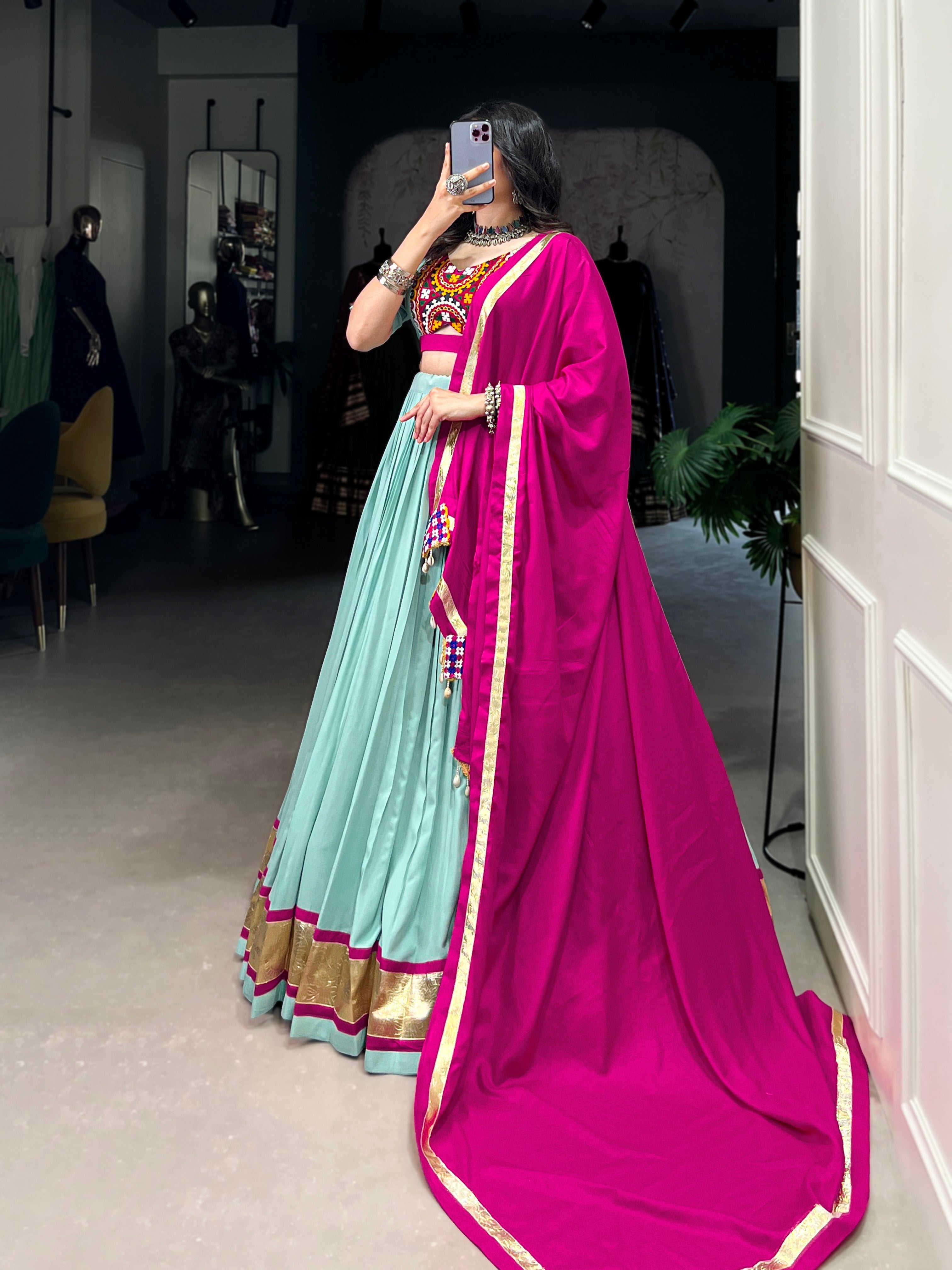 Lorenvalley Seagreen Pure Rayon Embossed Design Lace Touch Up Lehenga Choli with Dupatta