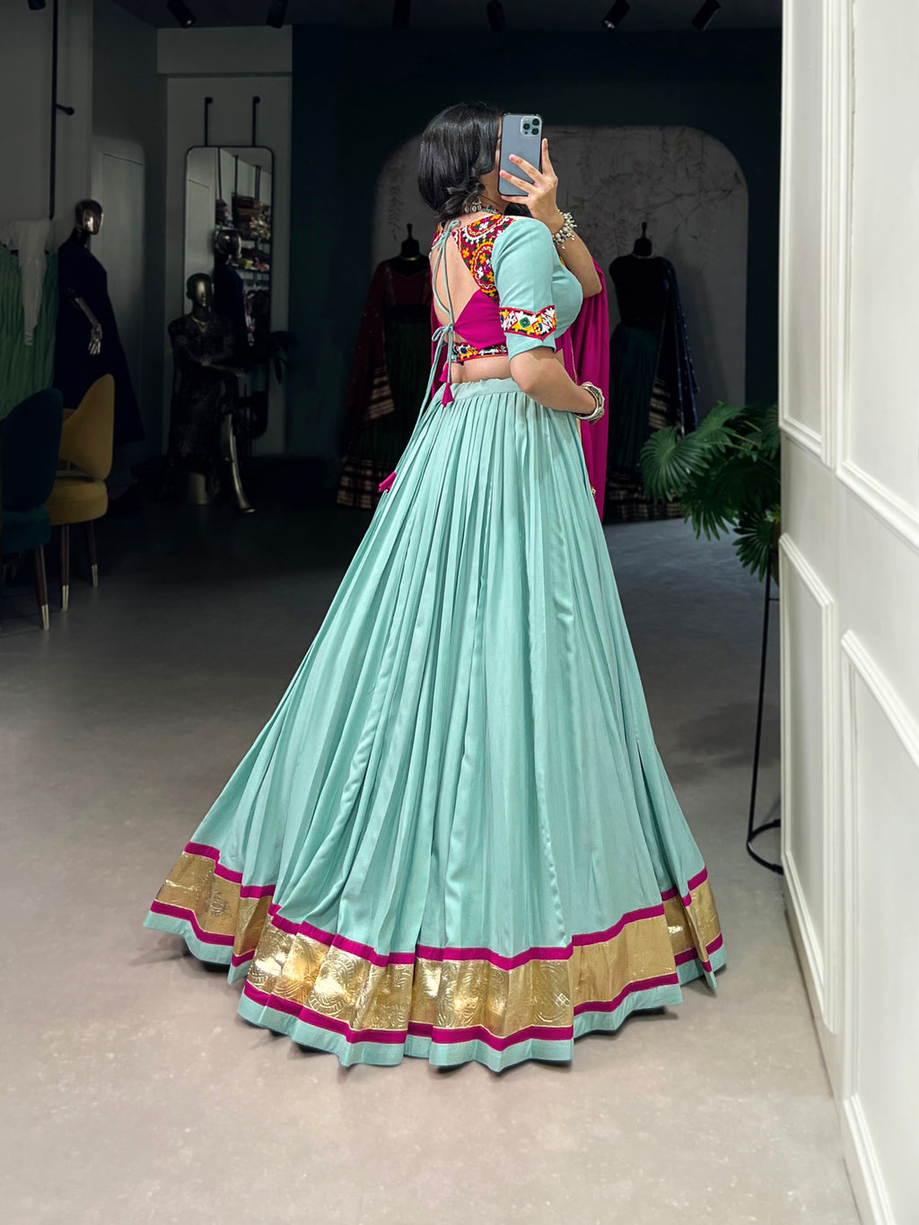 Lorenvalley Seagreen Pure Rayon Embossed Design Lace Touch Up Lehenga Choli with Dupatta