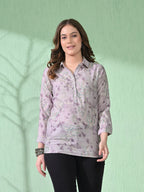 Myshka Women's Causal Printed Shirt Style Embroidered Top Lavender Color