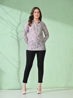 Myshka Women's Causal Printed Shirt Style Embroidered Top Lavender Color