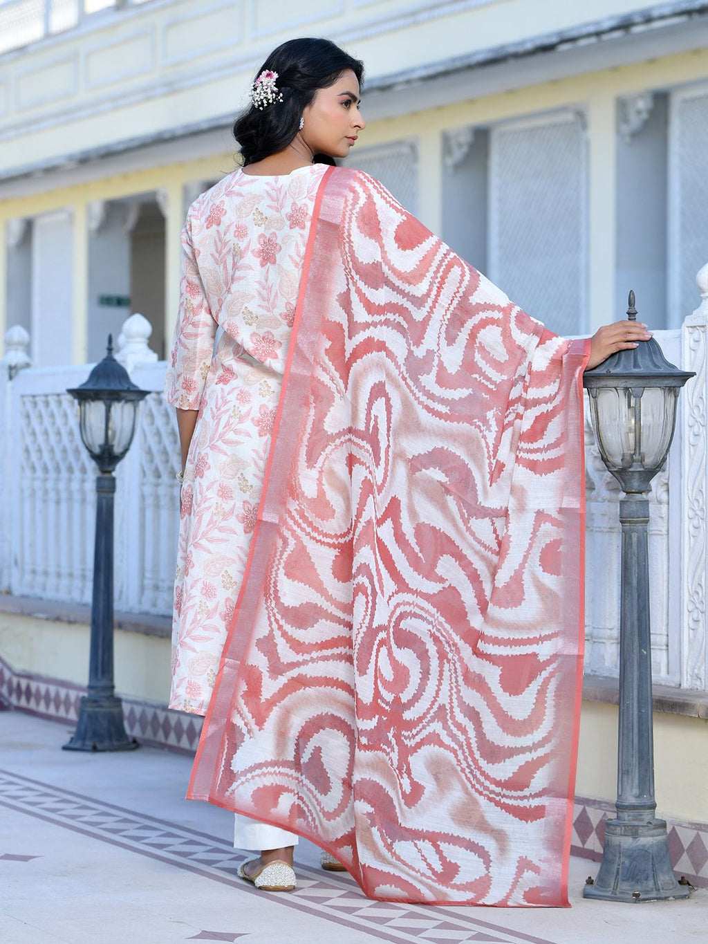 Vaasva Women's Cream Chocolate Linen Digital Printed Suit Set