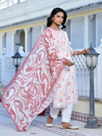 Vaasva Women's Cream Chocolate Linen Digital Printed Suit Set