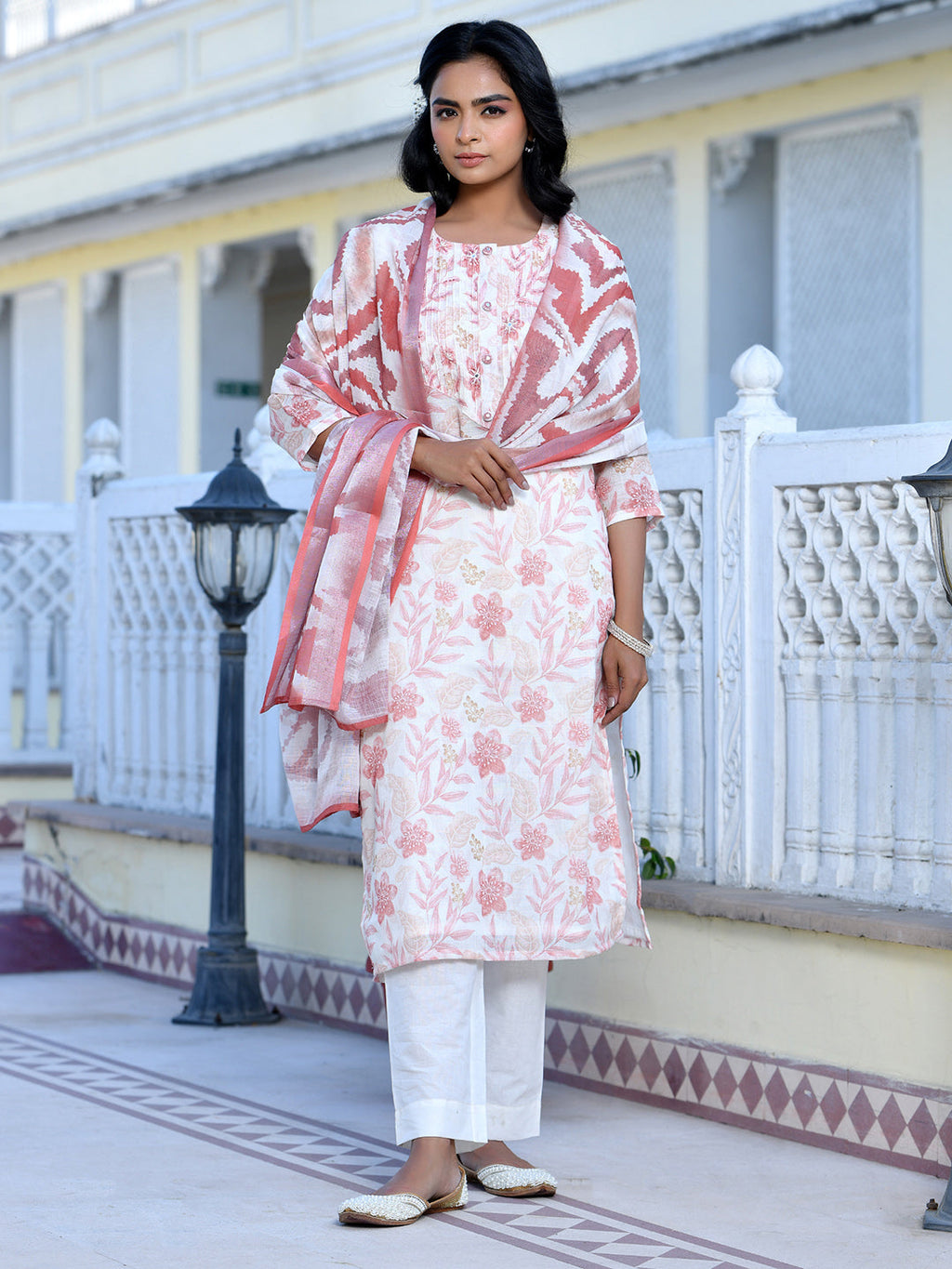 Vaasva Women's Cream Chocolate Linen Digital Printed Suit Set