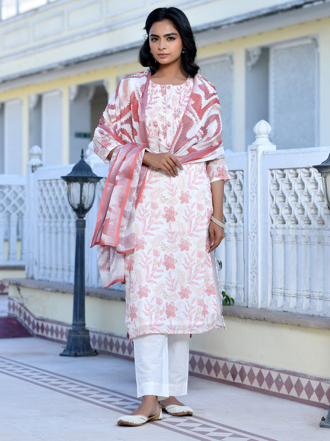 Vaasva Women's Cream Chocolate Linen Digital Printed Suit Set