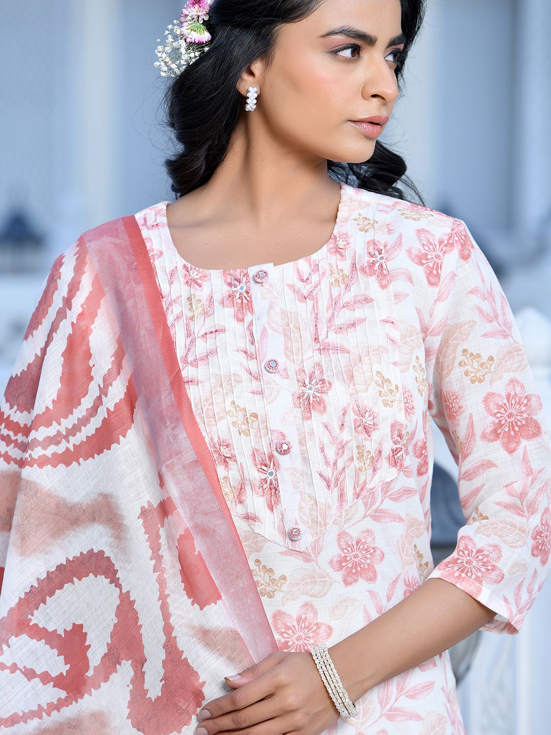 Vaasva Women's Cream Chocolate Linen Digital Printed Suit Set