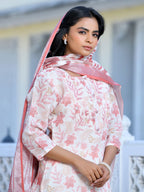 Vaasva Women's Cream Chocolate Linen Digital Printed Suit Set