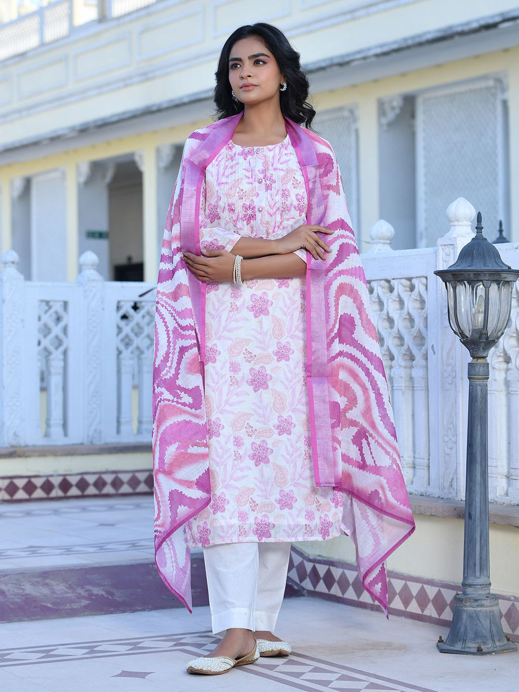 Vaasva Women's Cream Purple Linen Digital Printed Suit Set
