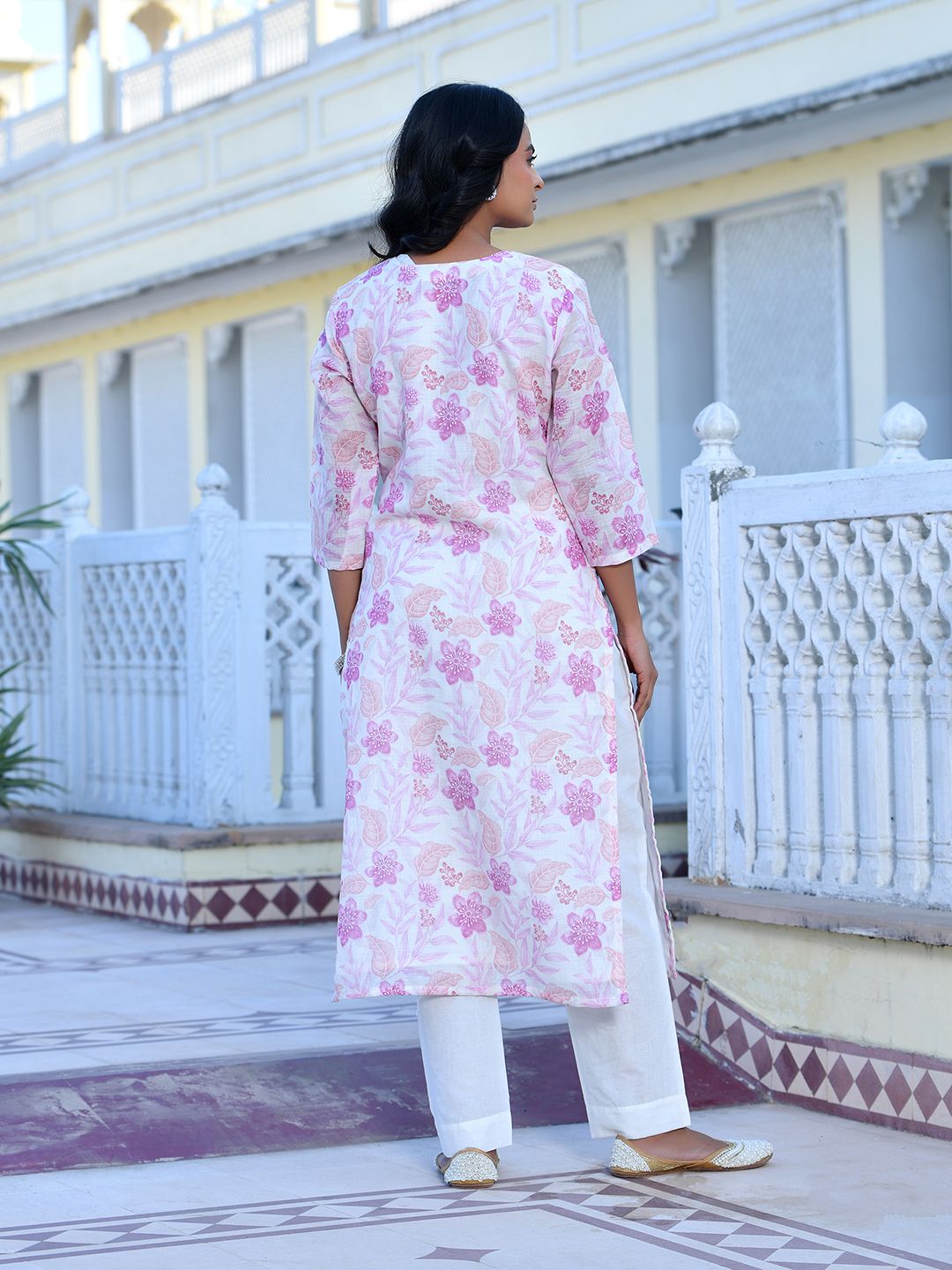 Vaasva Women's Cream Purple Linen Digital Printed Suit Set