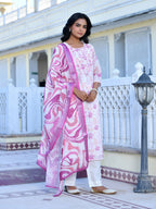 Vaasva Women's Cream Purple Linen Digital Printed Suit Set