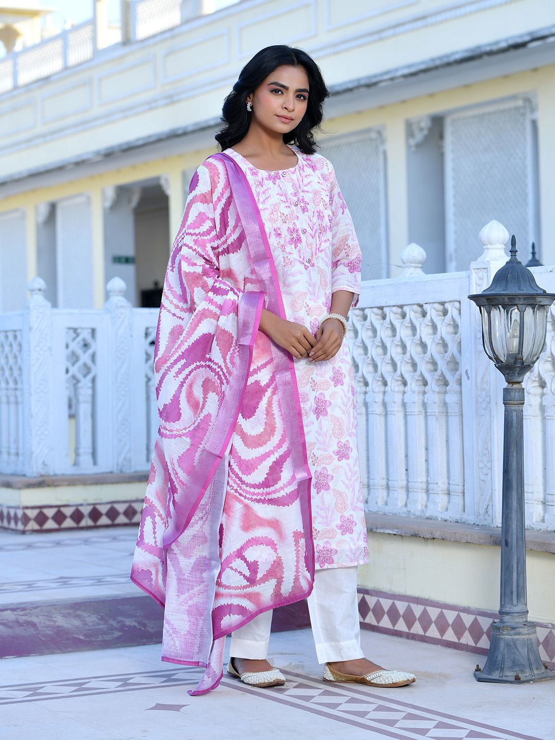 Vaasva Women's Cream Purple Linen Digital Printed Suit Set