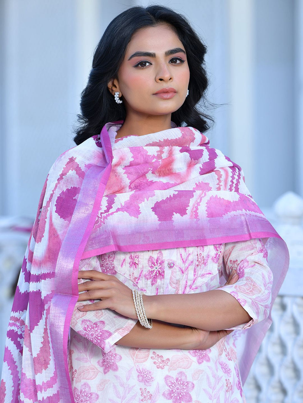 Vaasva Women's Cream Purple Linen Digital Printed Suit Set