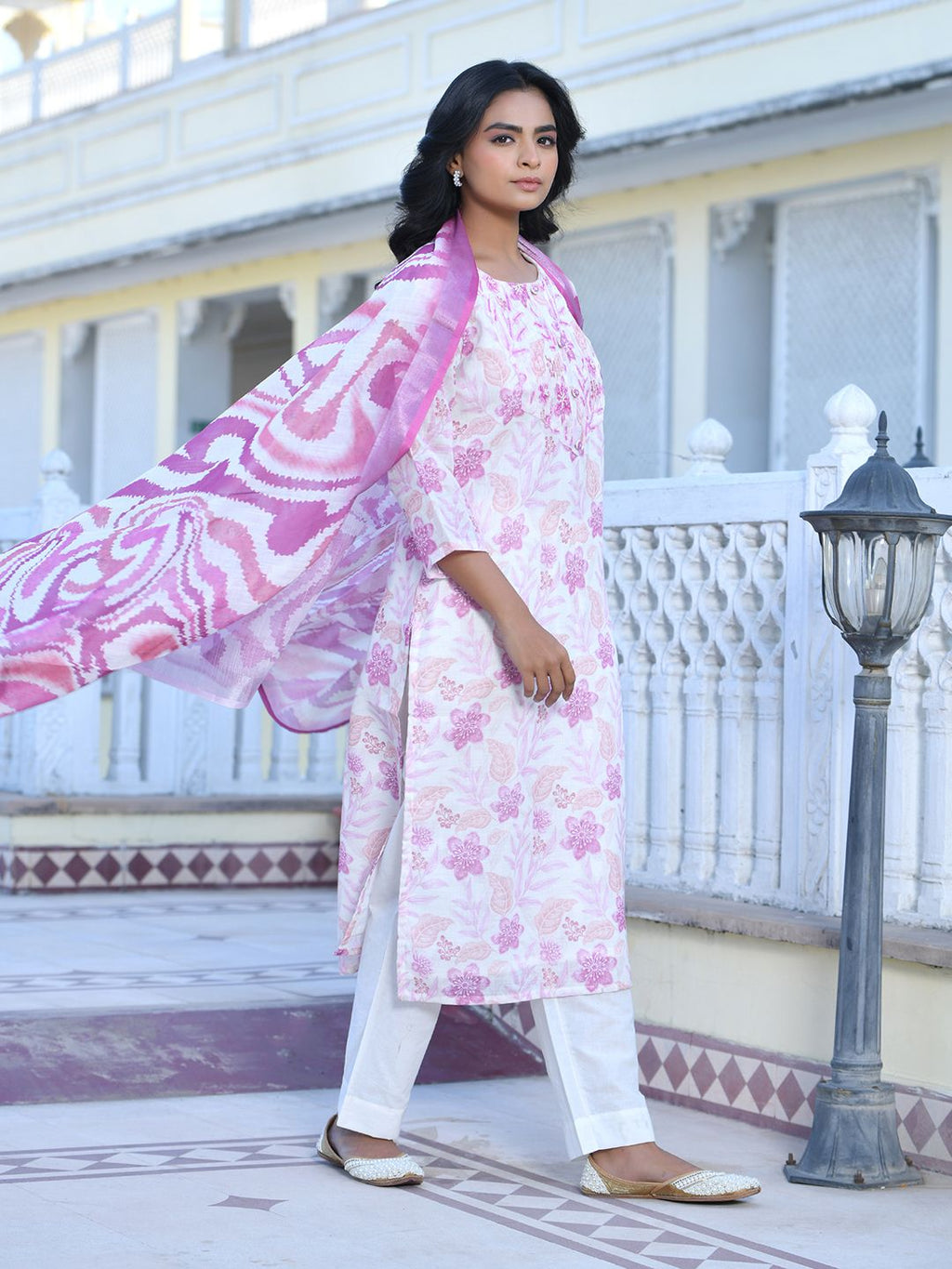 Vaasva Women's Cream Purple Linen Digital Printed Suit Set