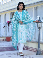 Vaasva Women's Cream Turquoise Linen Digital Printed Suit Set