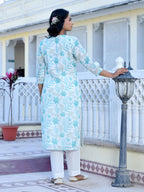 Vaasva Women's Cream Turquoise Linen Digital Printed Suit Set