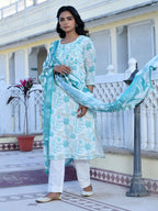 Vaasva Women's Cream Turquoise Linen Digital Printed Suit Set